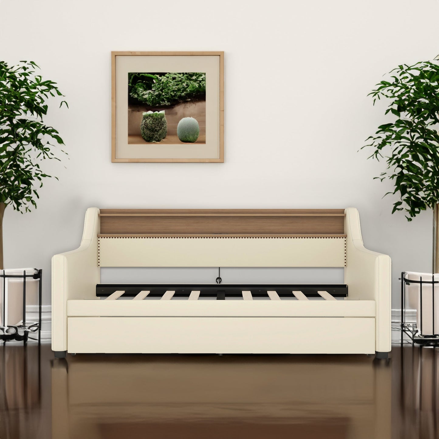 Twin Size Daybed with Trundle, Upholstered Daybed with Charging Station and LED Lights, Beige - Korvel