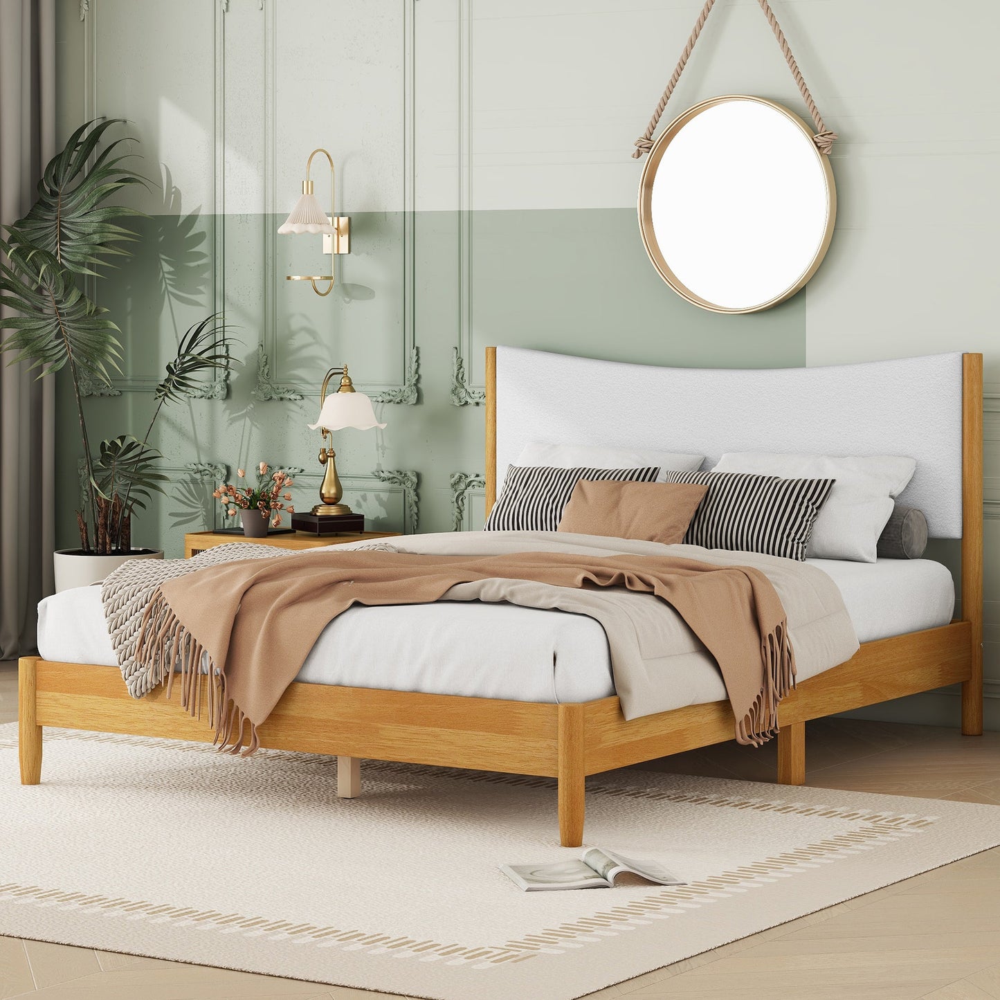 Queen Size Rubber Wooden , Solid Wooden Bed with Teddy Velvet Cushion Upholstered Headboard, Enhanced by Support Feet - Korvel