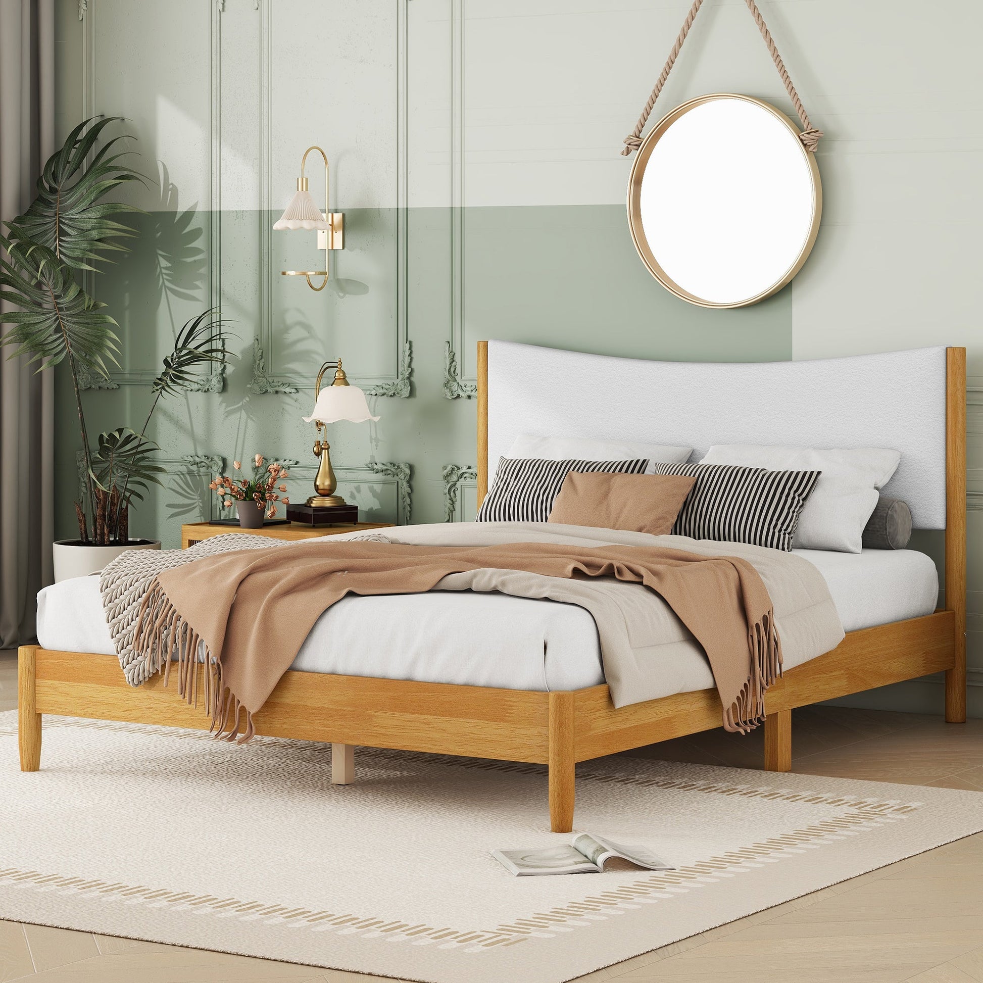 Queen Size Rubber Wooden , Solid Wooden Bed with Teddy Velvet Cushion Upholstered Headboard, Enhanced by Support Feet - Korvel