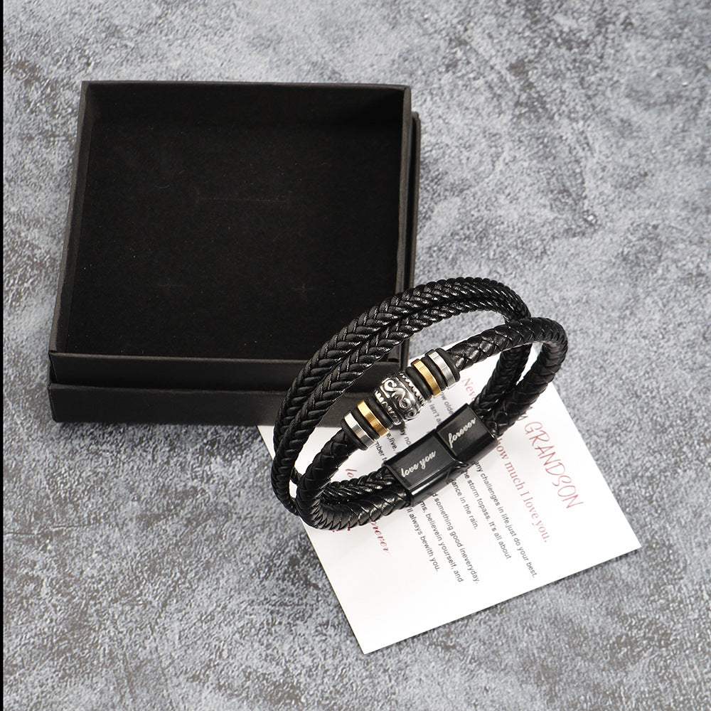 Men's Multi-Layer Woven Bracelet in Stainless Steel and Leather