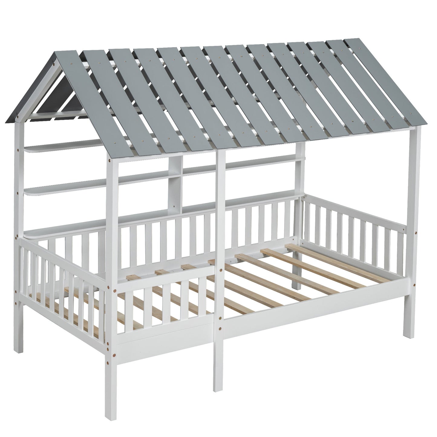 Wood Twin Size House Bed with Roof, Guardrail and Shelves, White - Korvel