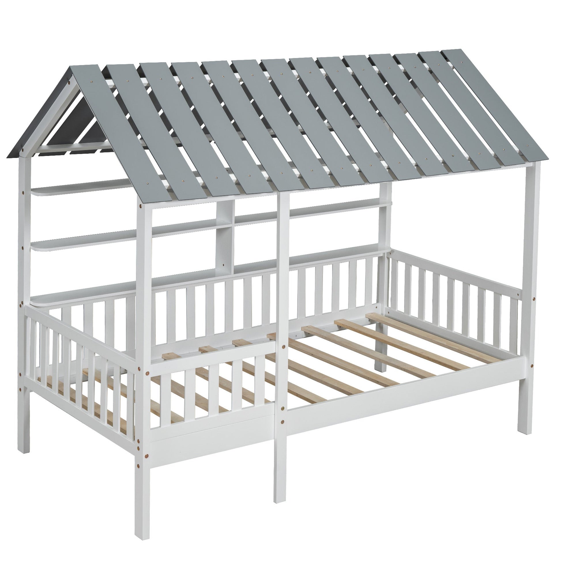 Wood Twin Size House Bed with Roof, Guardrail and Shelves, White - Korvel