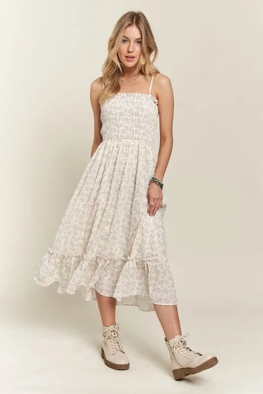 Boho-Inspired Smocked Floral Ruffled Hem Cami Dress