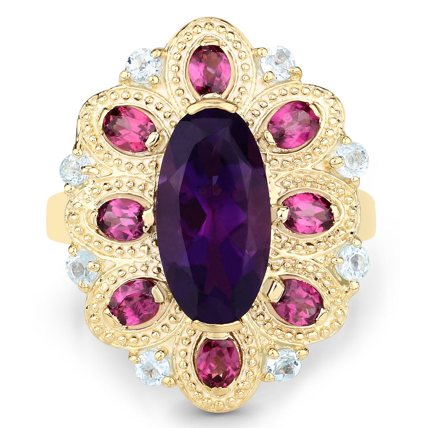 6.80 Carat Genuine Amethyst, Rhodolite & Blue Topaz Sterling Silver Ring