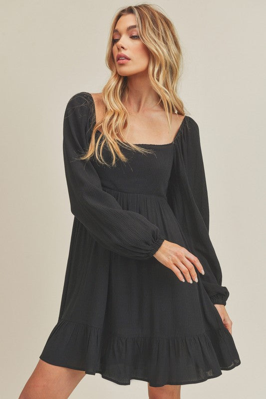 Ruffled Square Neck Balloon Sleeve Mini Dress for Women