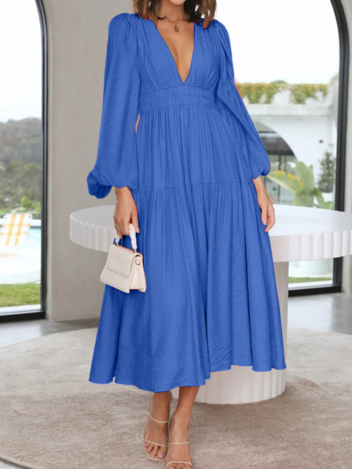 Elegant Lightweight Deep V-Neck Balloon Sleeve Maxi Dress