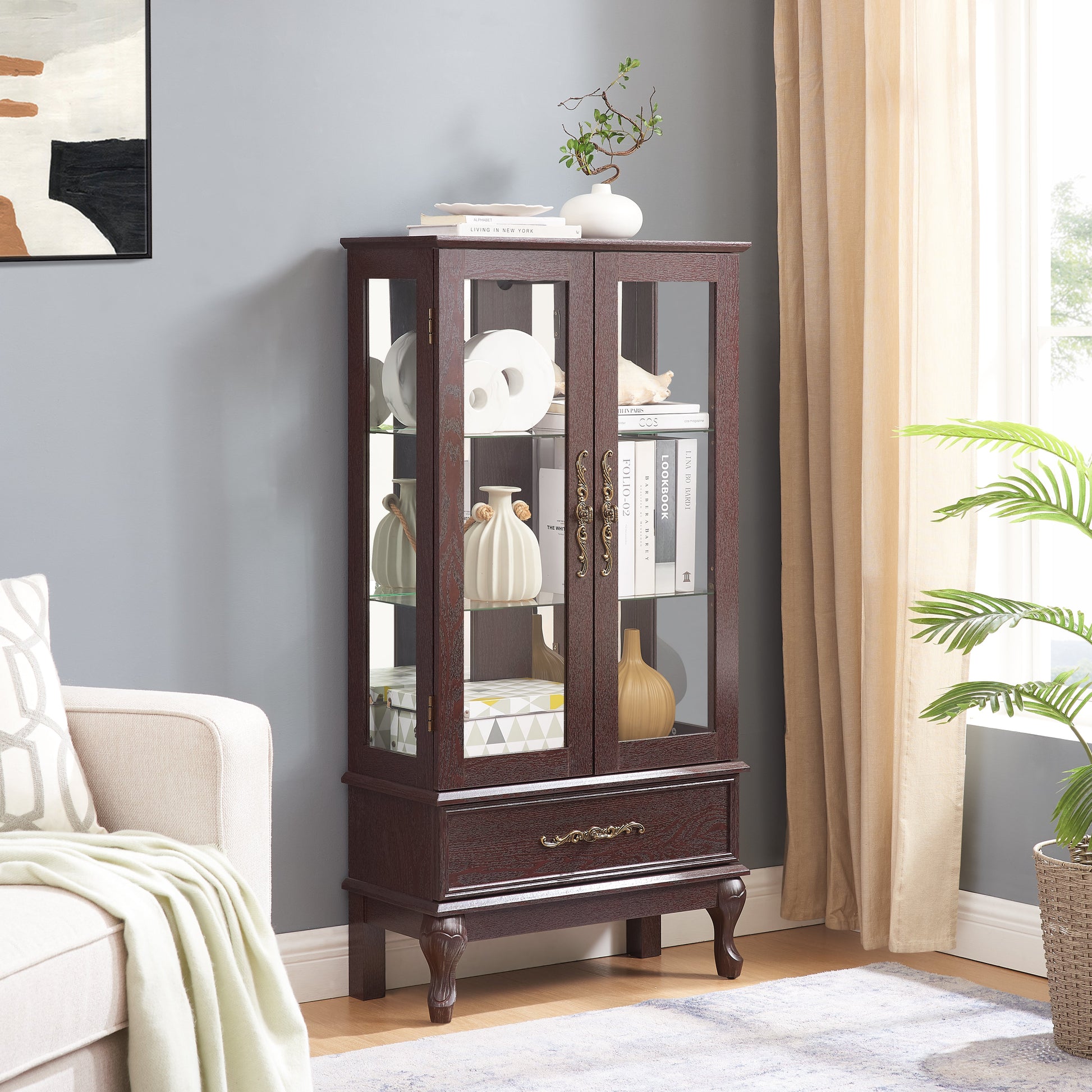 Curio cabinet lighting glass cabinet with adjustable glass frame, 2 doors and 1 drawer with light bulb, dark cherry color - Korvel