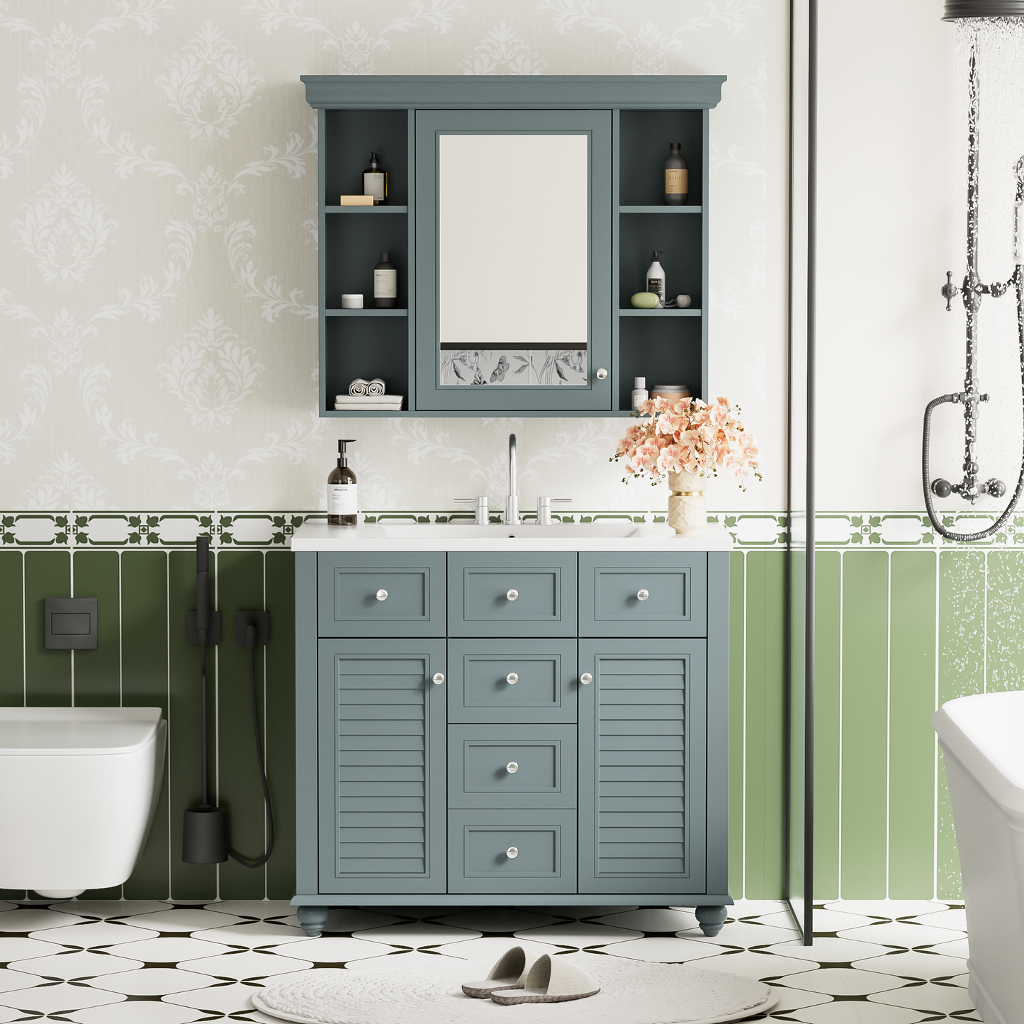 36 inch modern mirror cabinet with adjustable shelves, 2 soft closing doors, and 6 drawer storage cabinet door organizers - Korvel