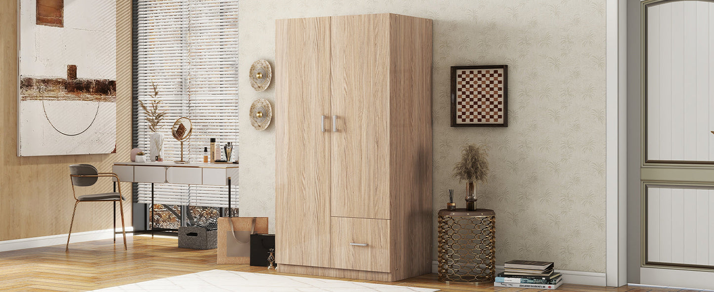 Wooden Wardrobe with Double Doors, Armoire with Hanging Rod, 5 Fixed Shelves, One Storage Drawer,Natural - Korvel