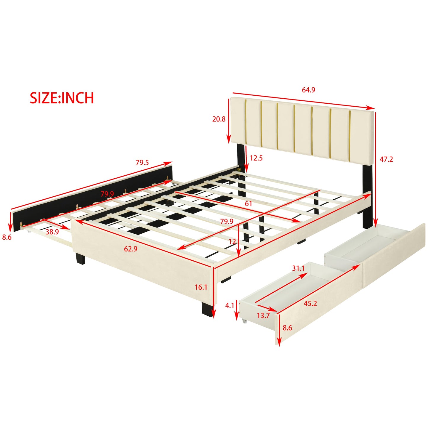 Elegant Queen Size Upholstered Platform Bed with Storage and Trundle