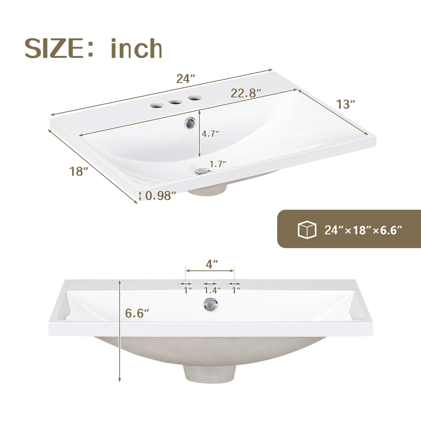 24" Bathroom Vanity Top Only White Basin 3-Faucet Holes  4" Faucet Available Ceramic - Korvel