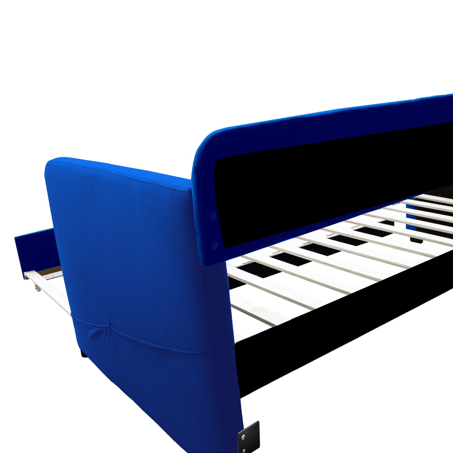 Blue padded twin beds with wheels, velvet fabric, no need for springs - Korvel