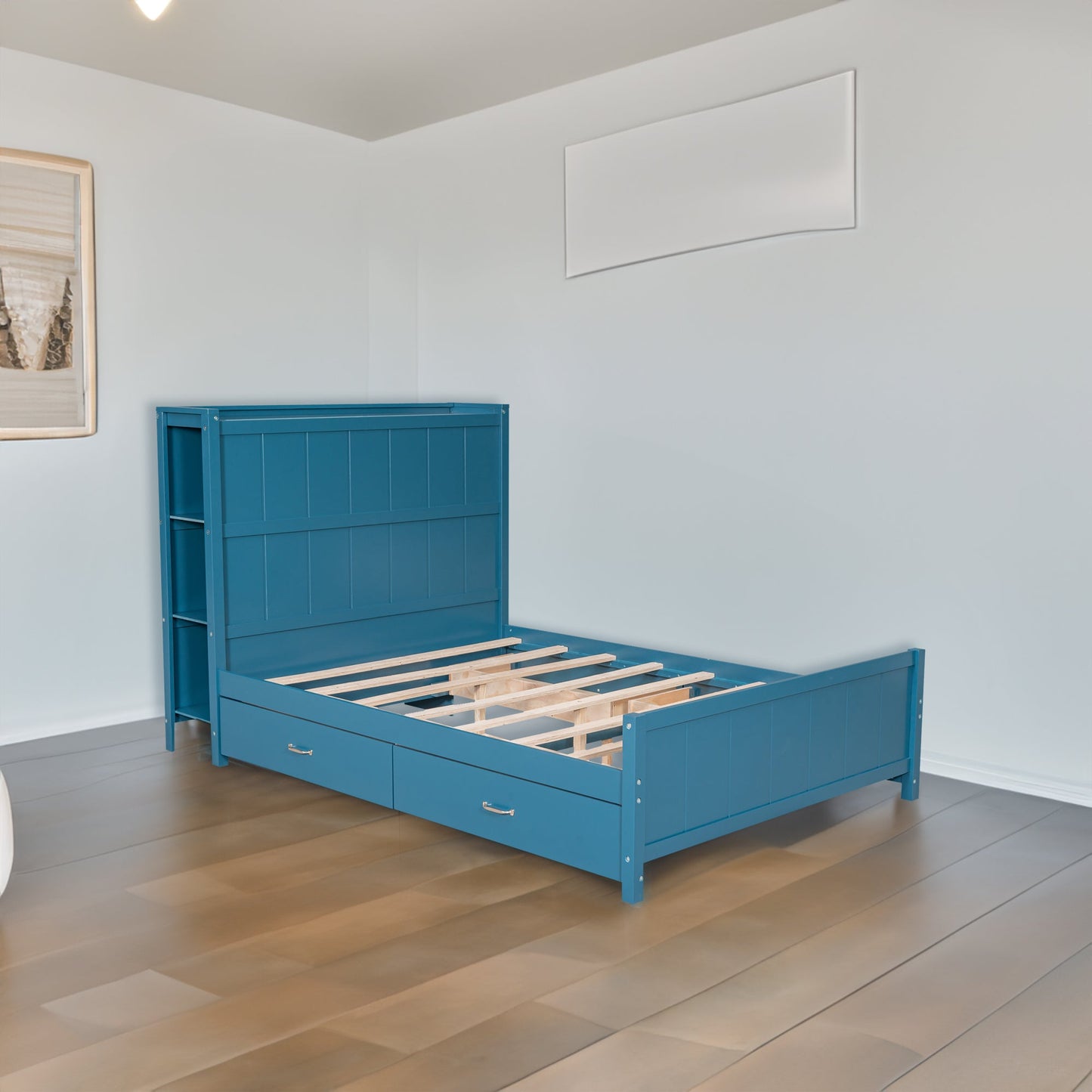Lit plateforme bleu de taille complète avec tiroirs et étagères de rangement