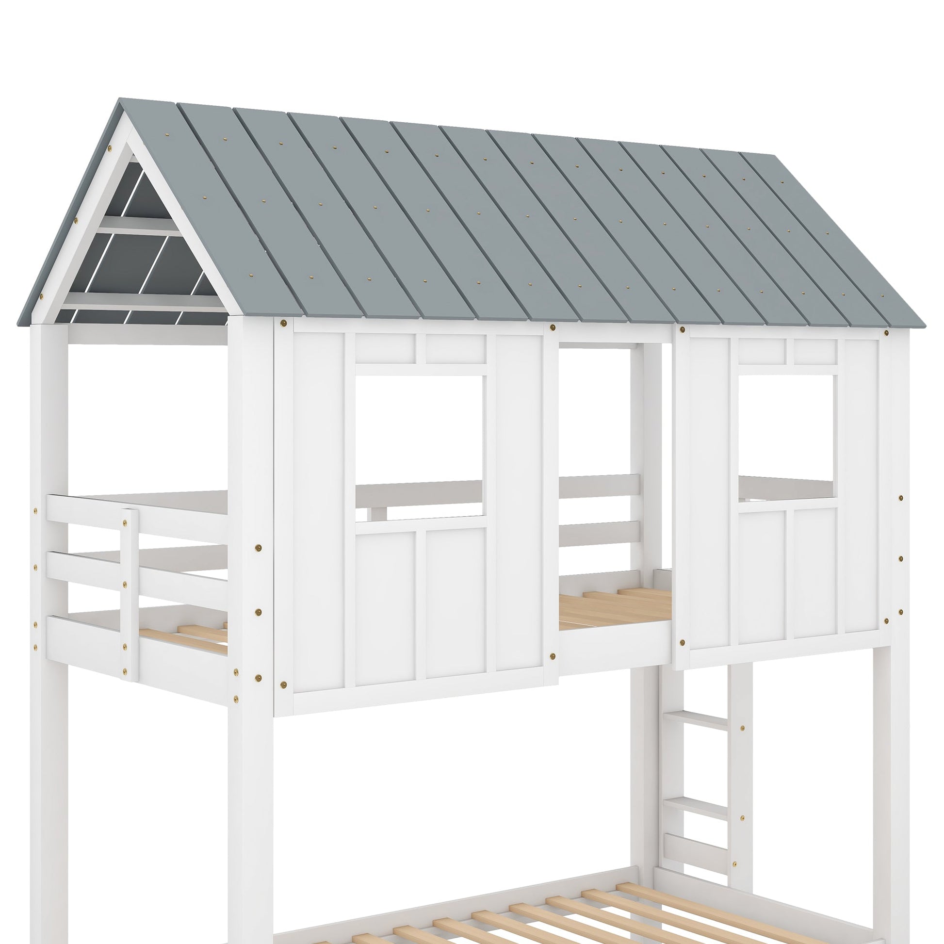 House Bunk Bed with Trundle,Roof and Windows White - Korvel