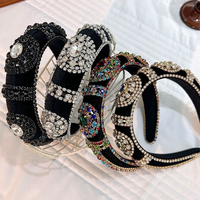 Fashionable retro golden velvet hair hoop with super sparkling color rhinestone sponge head hoop - Korvel