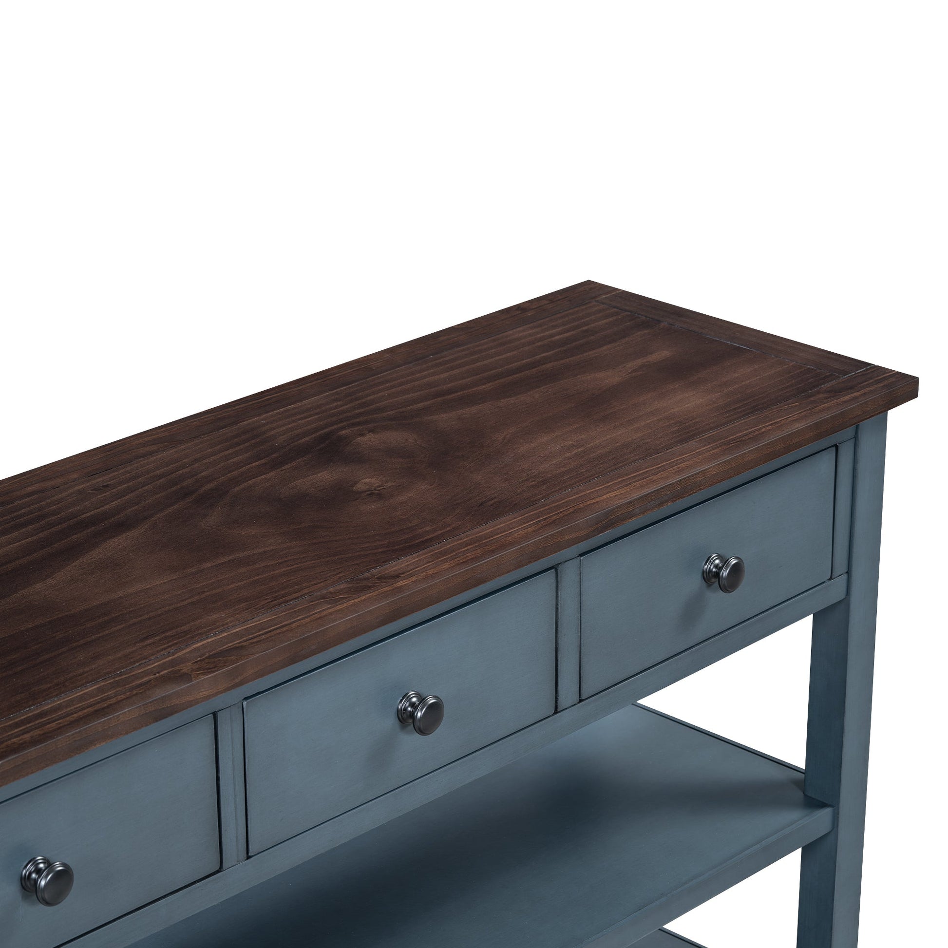 Retro Design Console Table with Two Open Shelves, Pine Solid Wood Frame and Legs for Living Room (Antique Navy+Espresso) - Korvel
