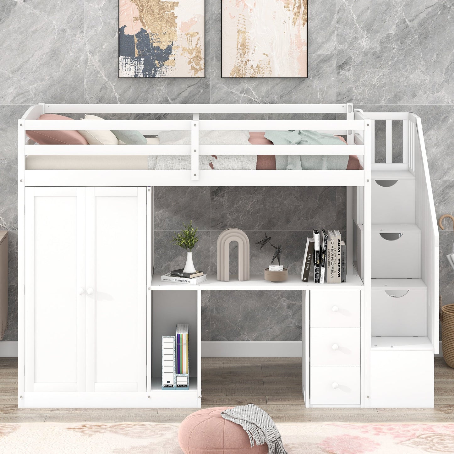 Elegant Twin Size Loft Bed with Wardrobe and Desk in White