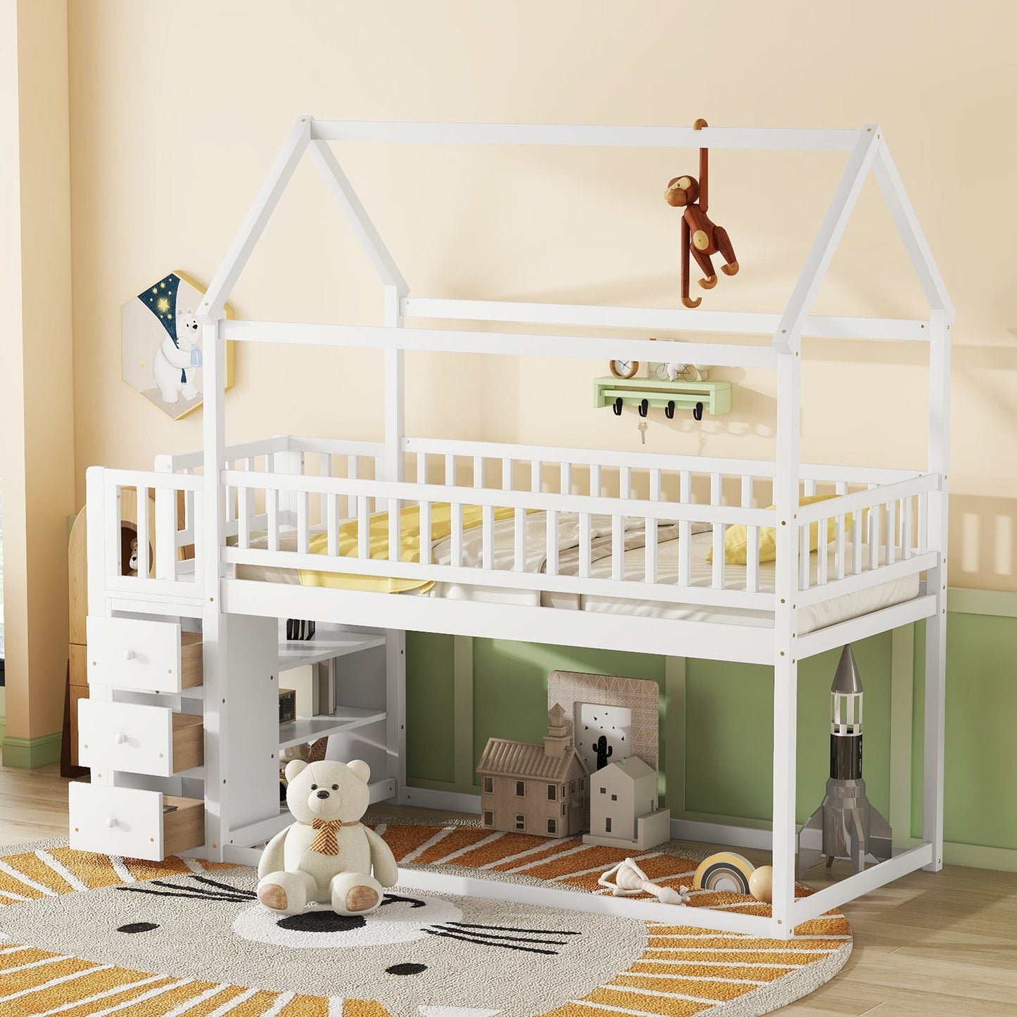 TWIN/TWIN HOUSE BUNK BED WITH SHELVES AND DRAWERS FOR WHITE COLOR - Korvel