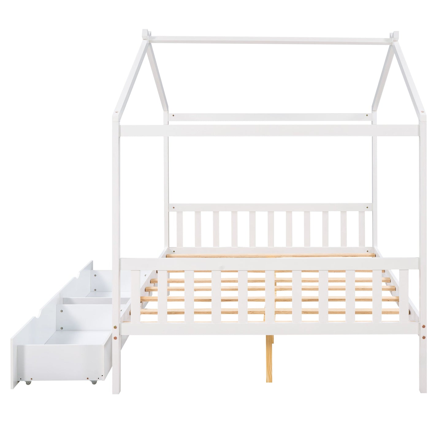 Full Size House Platform Bed with Two Drawers Headboard and Footboard,Roof Design White - Korvel
