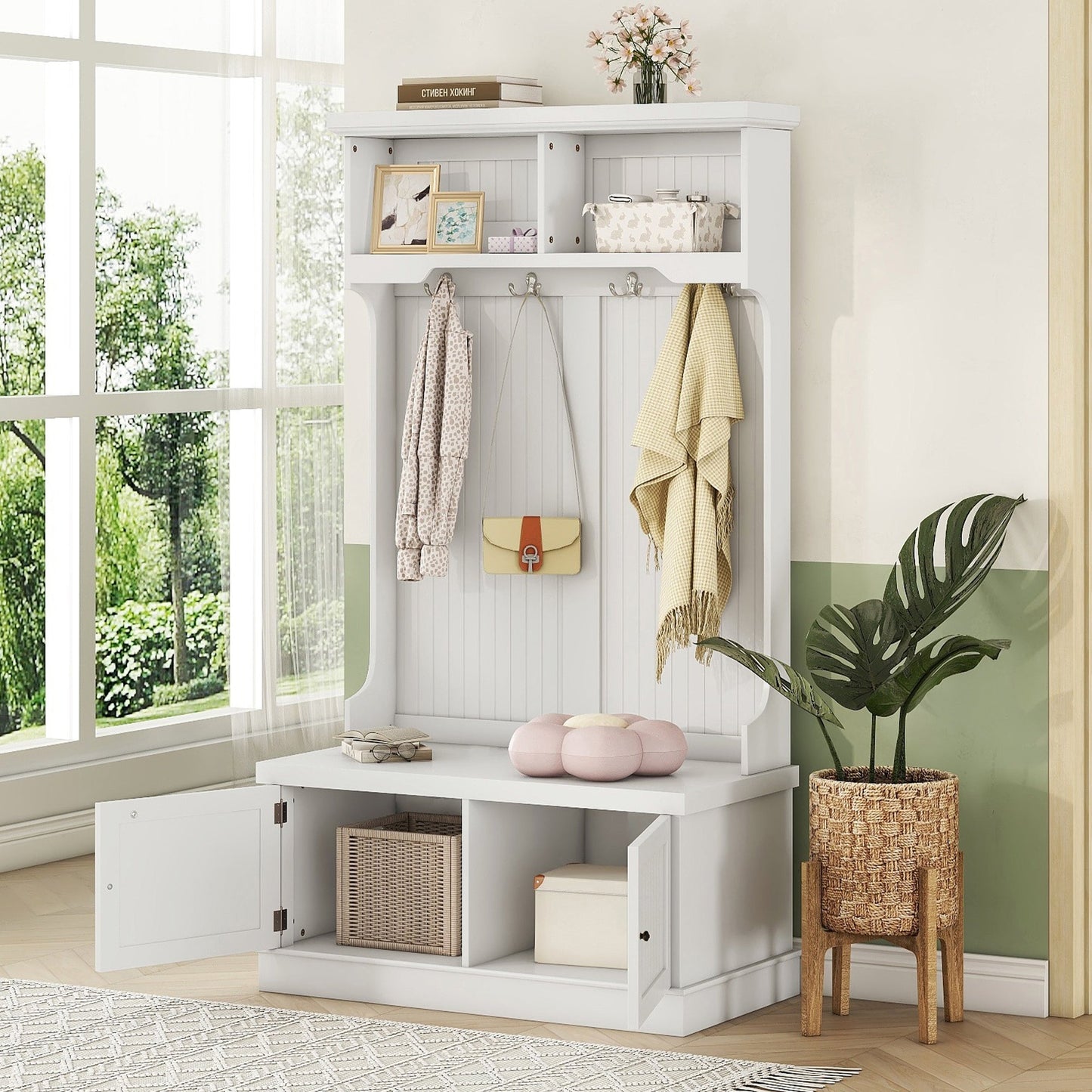Hall Tree with Storage Shoe Bench for Entryway and Hallway, 4-in-1 Design Coat Racks with 4 Hooks for Living Room, White - Korvel