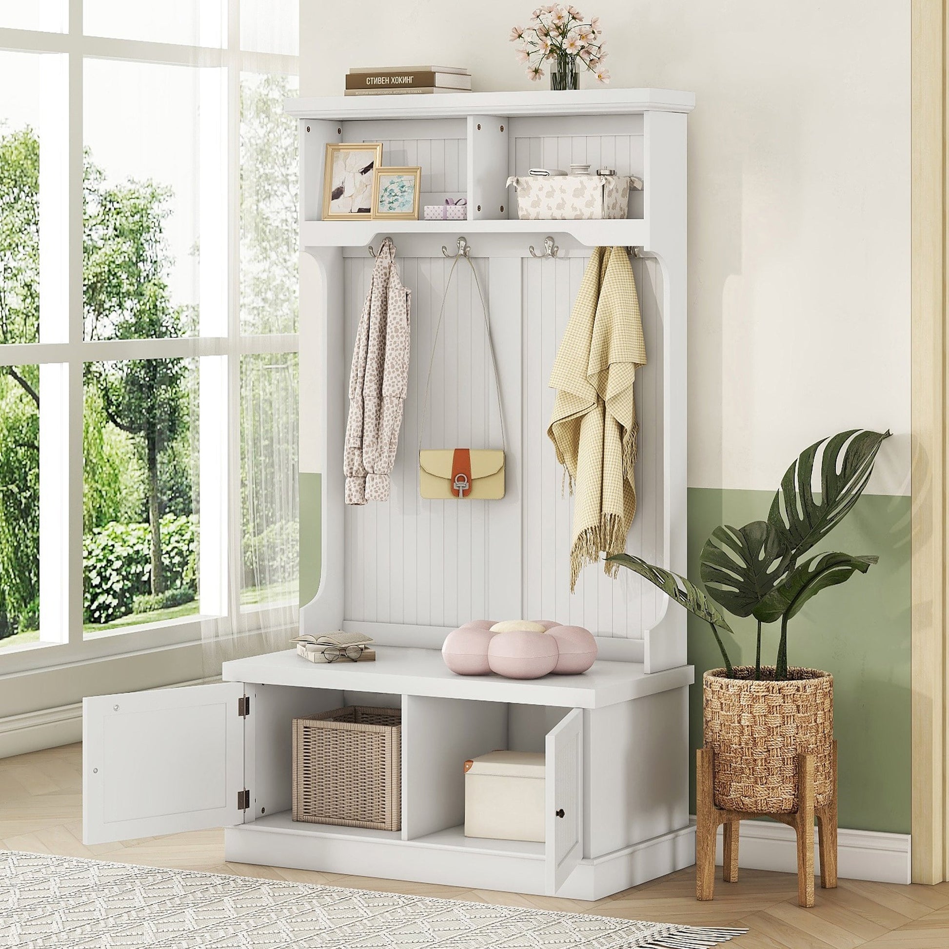 Hall Tree with Storage Shoe Bench for Entryway and Hallway, 4-in-1 Design Coat Racks with 4 Hooks for Living Room, White - Korvel