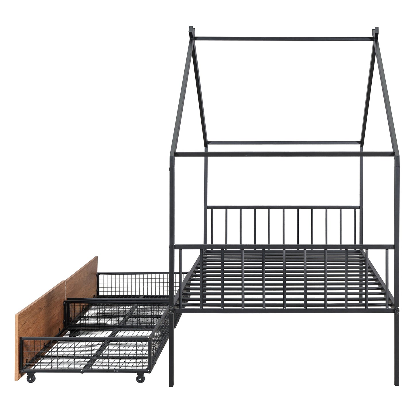 Twin Size Metal House Bed with Two Drawers - Black