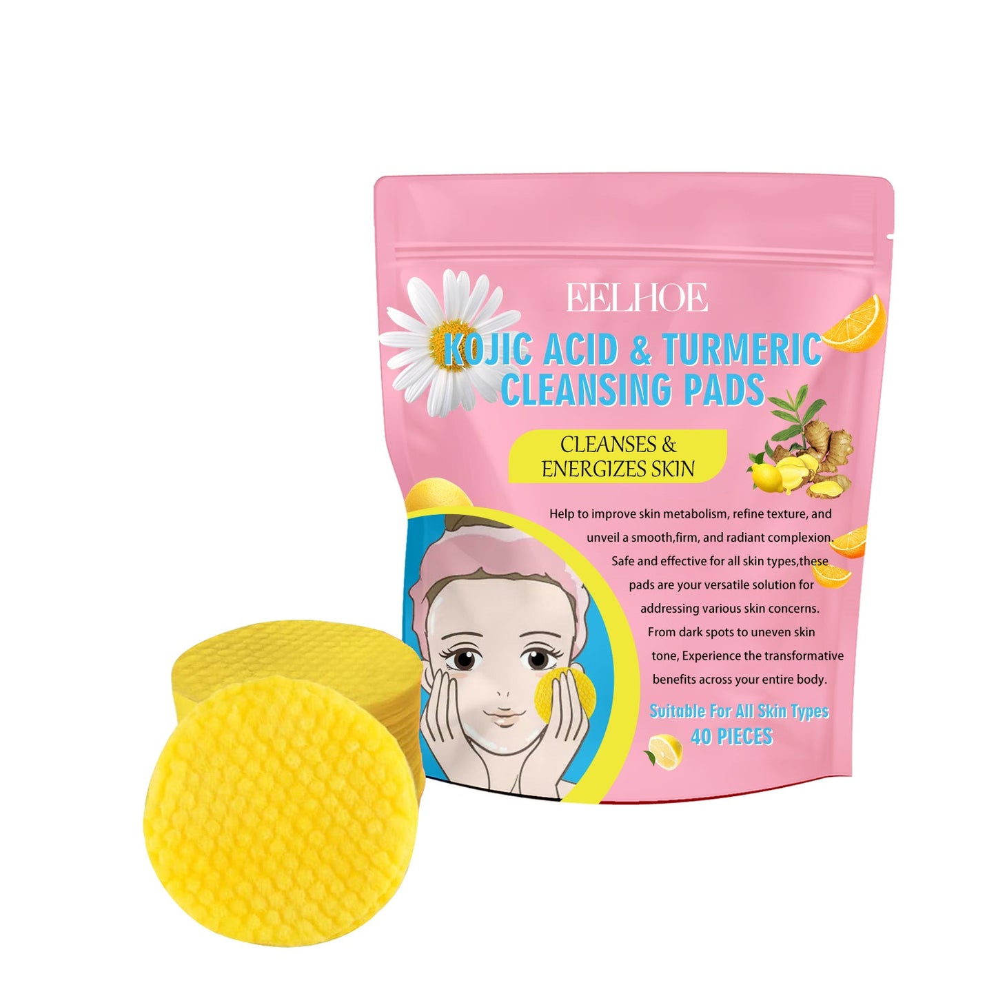 Turmeric Acid Cleansing Pad Gently Cleanses Skin, Lightened Acne Face, Brightened Pores - Korvel
