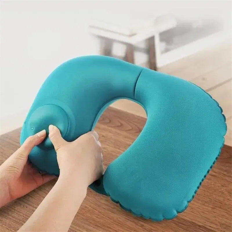 U Shape Neck Cushion Automatic Air Inflatable Pillow Compress Ring For Airplane Car Outdoor Travel - Korvel