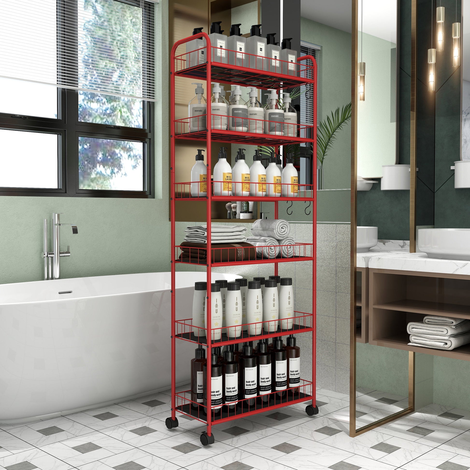 Red 6-story ultra-thin rolling storage cart, mobile shelves with wheels, metal wire storage rack with baskets - Korvel
