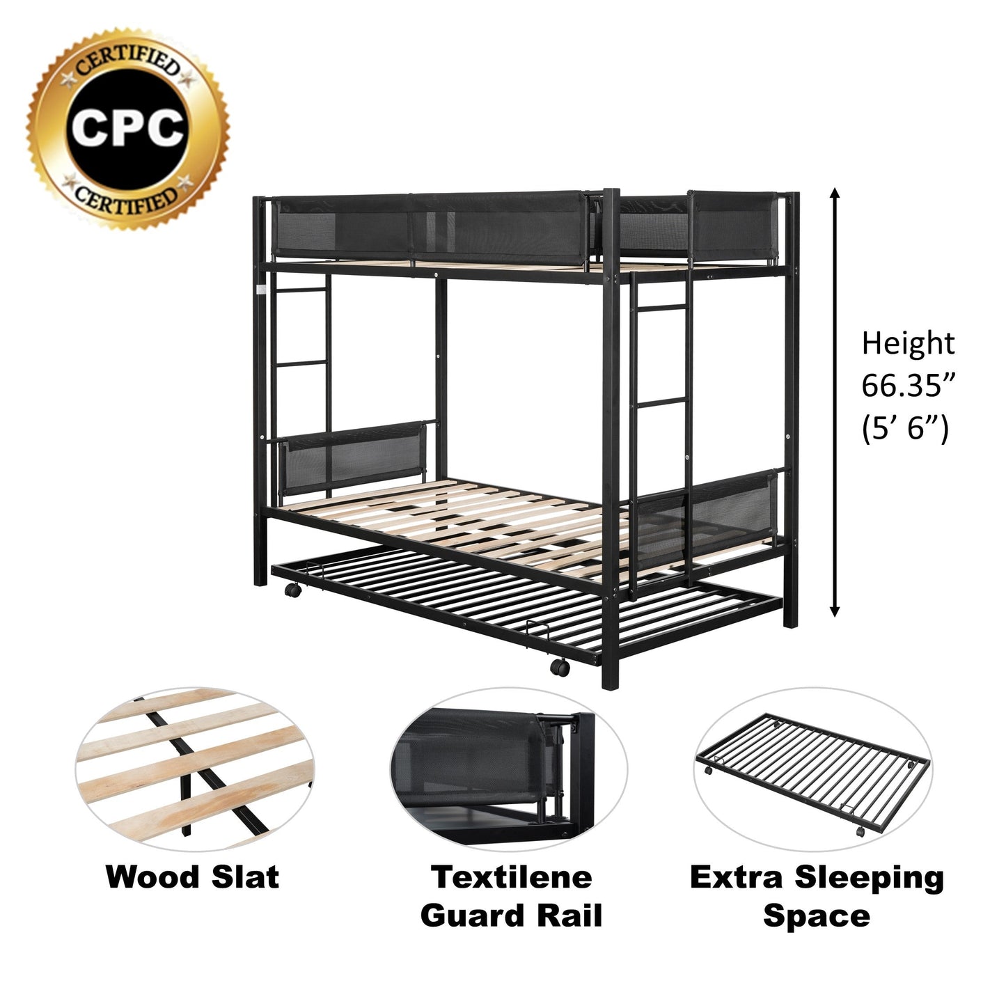 Metal double bed with casters/sturdy frame/no noise/comfortable guardrail/2 side ladders/no need for spring box - Korvel