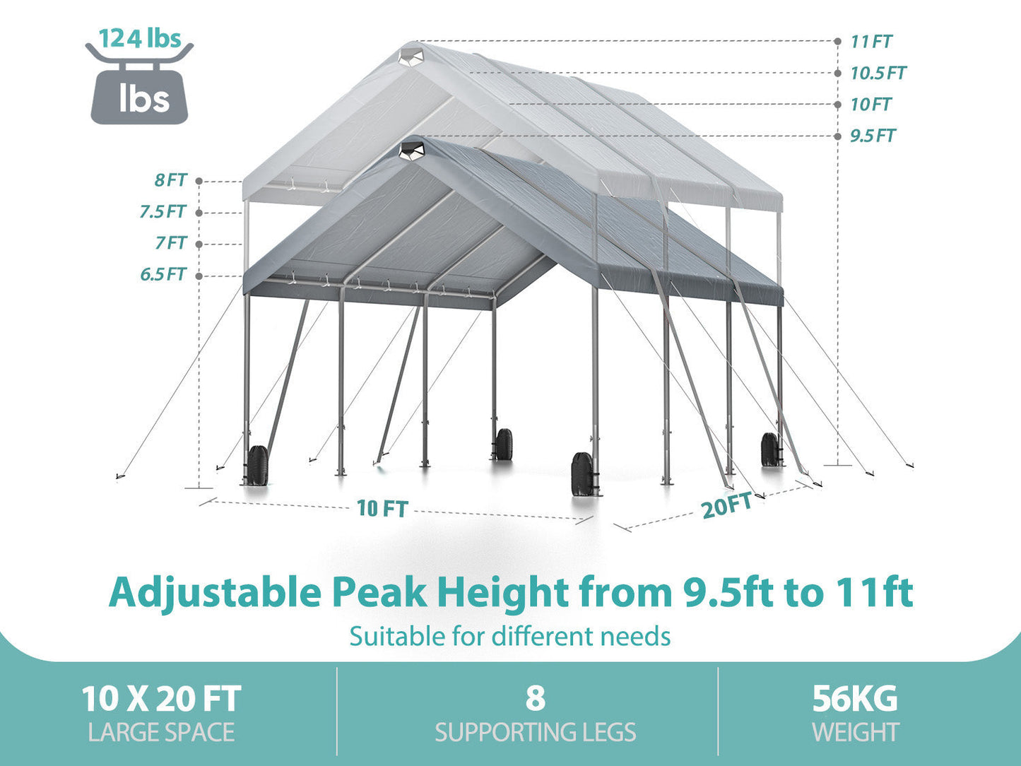Sannwsg 10 * 20 ultra large portable carport garage, adjustable from 9.5 feet to 11 feet, with detachable roof and side walls - Korvel