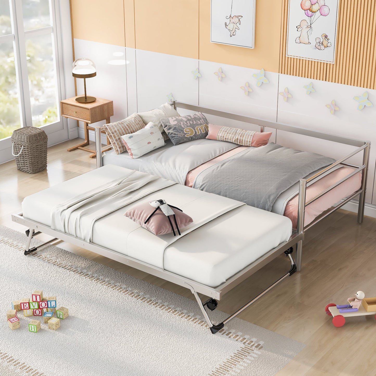 Twin Size Metal Daybed with Adjustable Trundle  Pop Up Trundle  Silver - Korvel