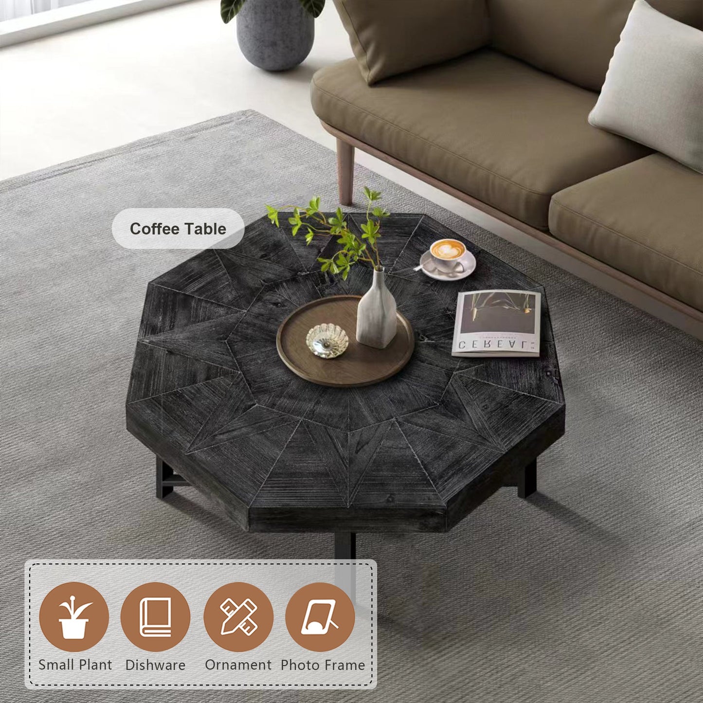 Wooden octagonal retro patchwork craft 30 inch wooden tabletop cross metal leg coffee table (Antique Black) - Korvel