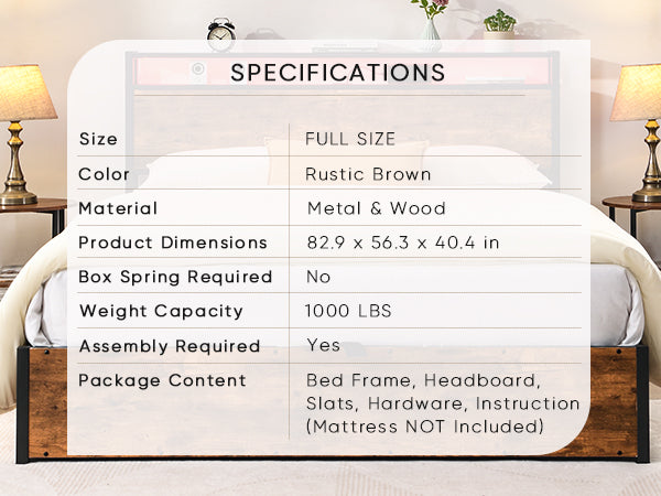 Elevating storage bed frame, full-size bed frame with bookshelf headboard and LED lights, with country brown color - Korvel