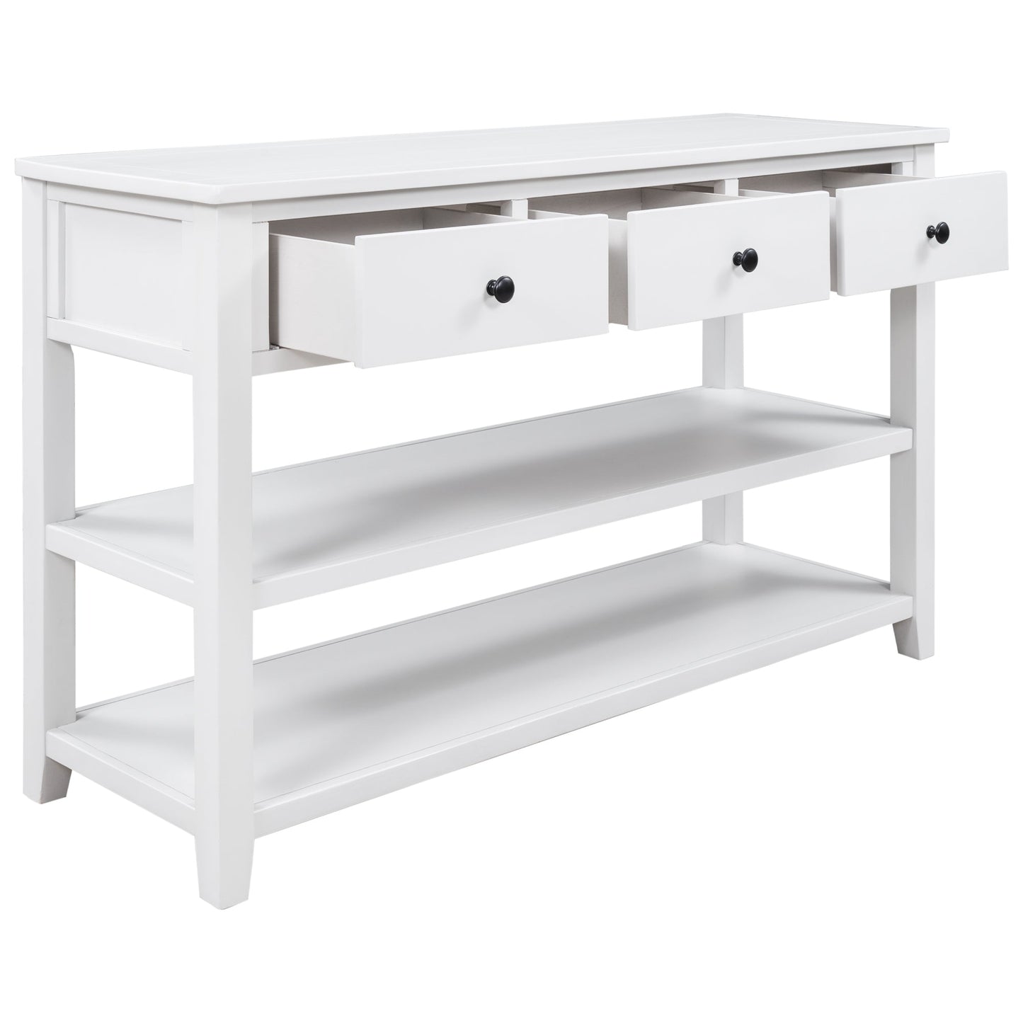 Retro Design Console Table with Two Open Shelves, Pine Solid Wood Frame and Legs for Living Room (Antique White) - Korvel