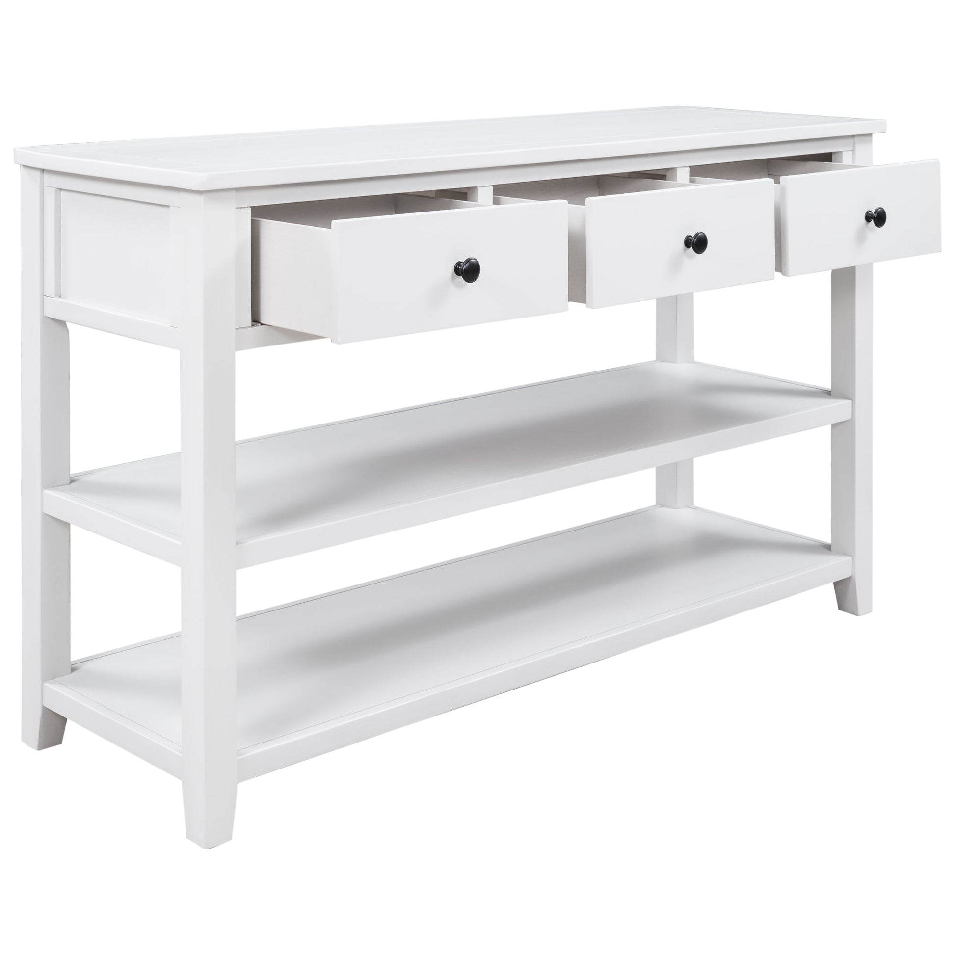 Retro Design Console Table with Two Open Shelves, Pine Solid Wood Frame and Legs for Living Room (Antique White) - Korvel
