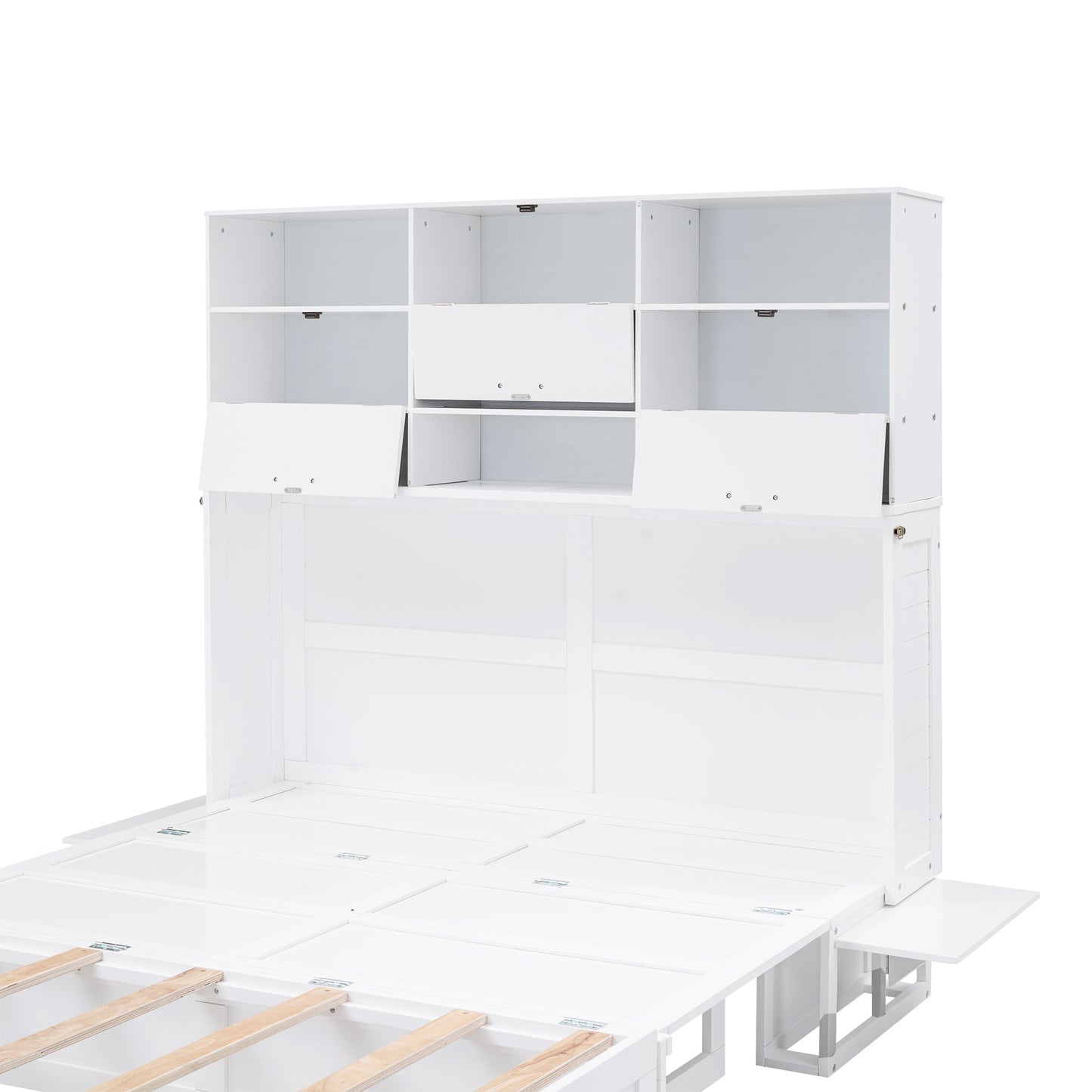 ueen Size Murphy Bed with Bookcase, Bedside Shelves and a Big Drawer, White - Korvel