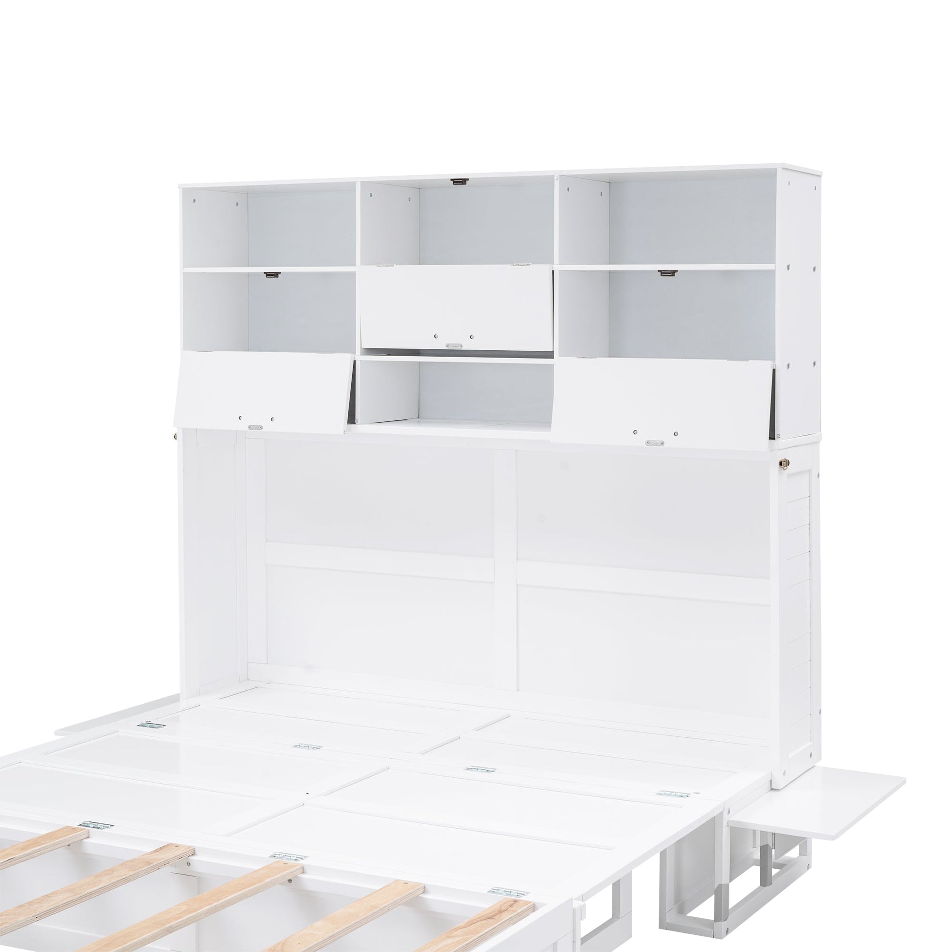 ueen Size Murphy Bed with Bookcase, Bedside Shelves and a Big Drawer, White - Korvel