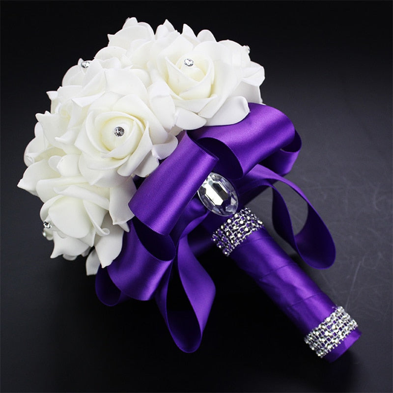 White Ivory Bridal Bridesmaid Flower Wedding Bouquet Artificial Flower Rose Bouquet Crystal Bridal Bouquets - Korvel