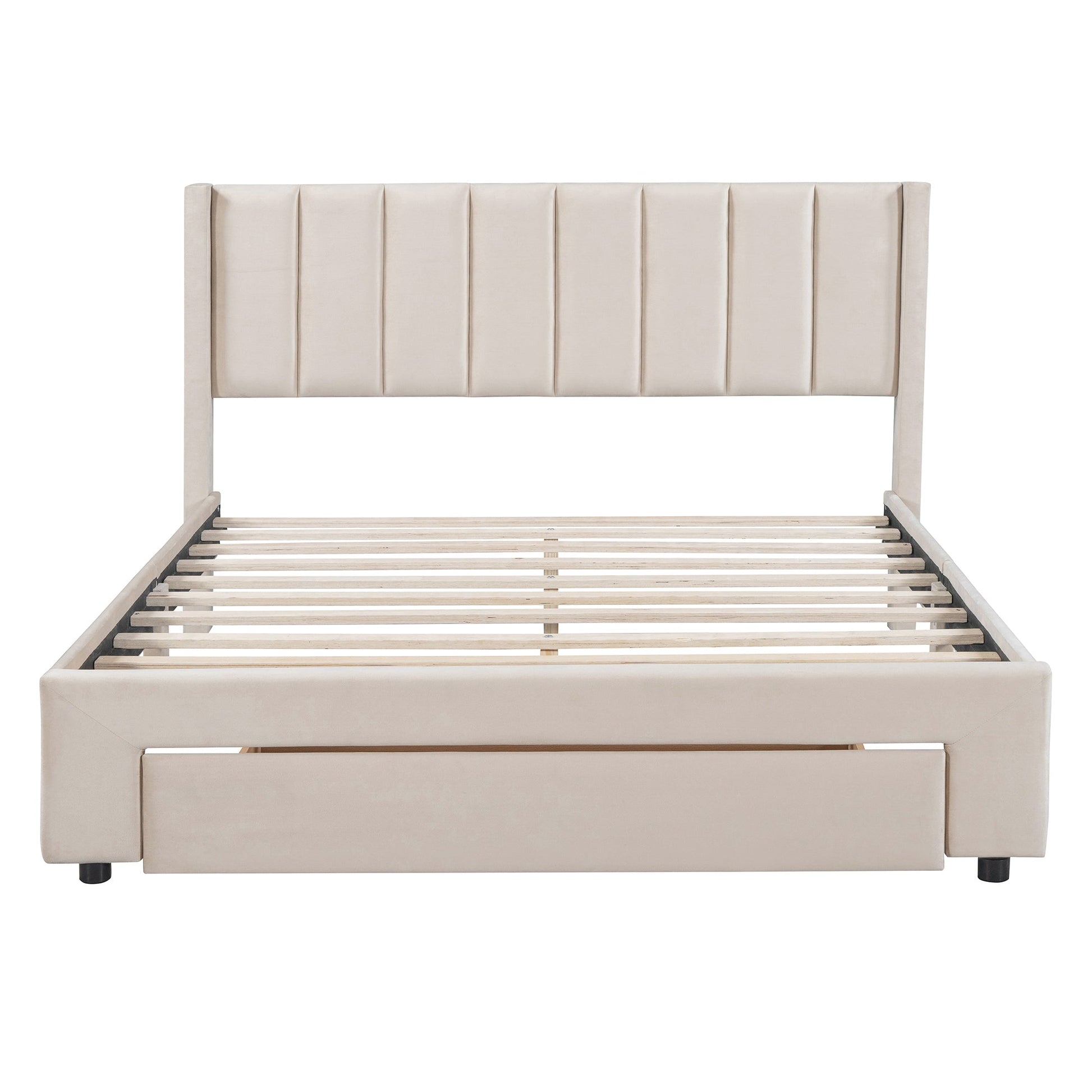 Queen Size Storage Bed Velvet Upholstered Platform Bed with a Big Drawer - Beige - Korvel