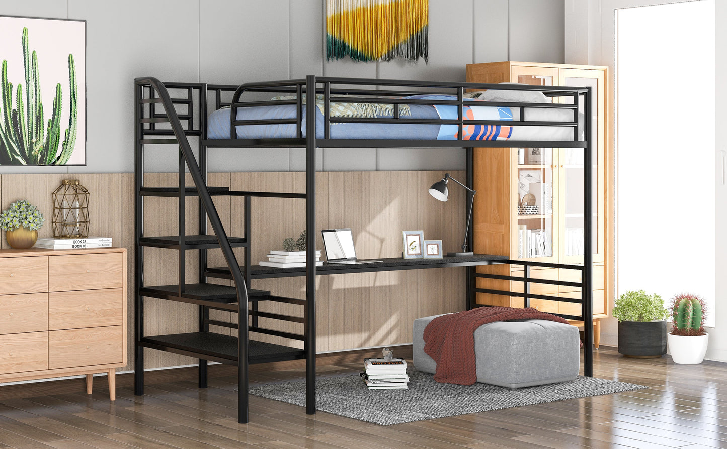 Metal Loft Bed Frame with Desk  No Box Spring Needed Twin Black - Korvel