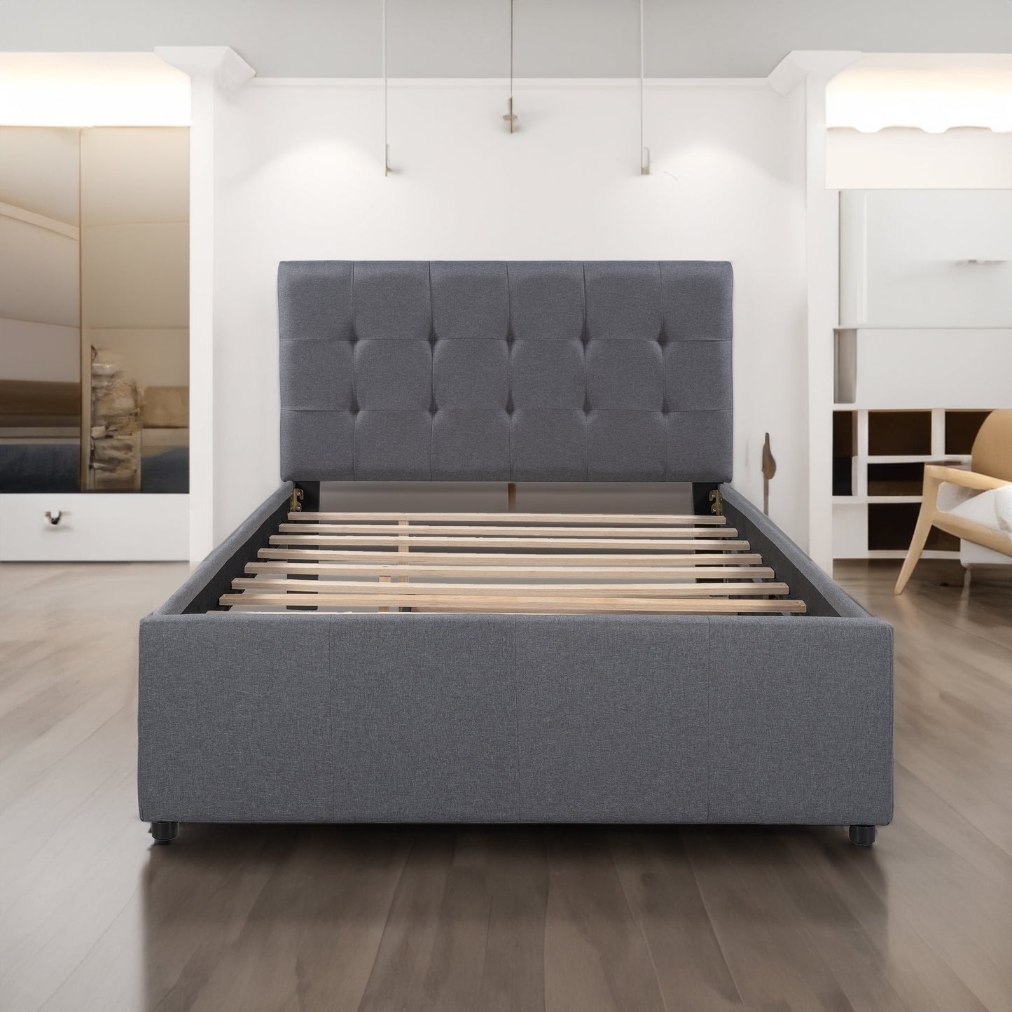 Linen Upholstered Platform Bed with Headboard and Trundle - Full