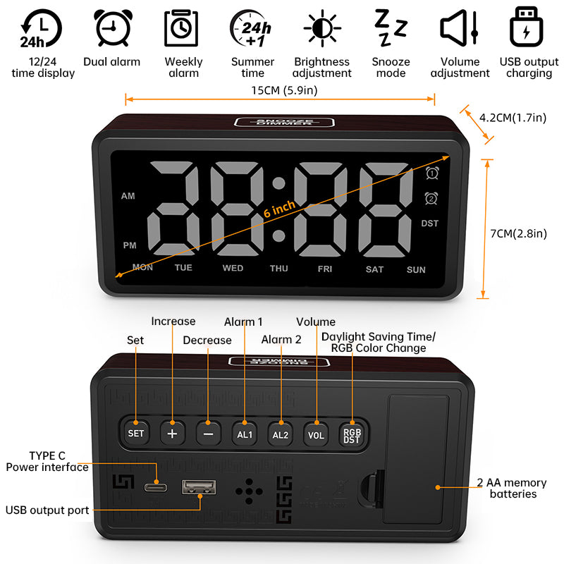 LED Wood-Grain Alarm Clock with RGB Color Display