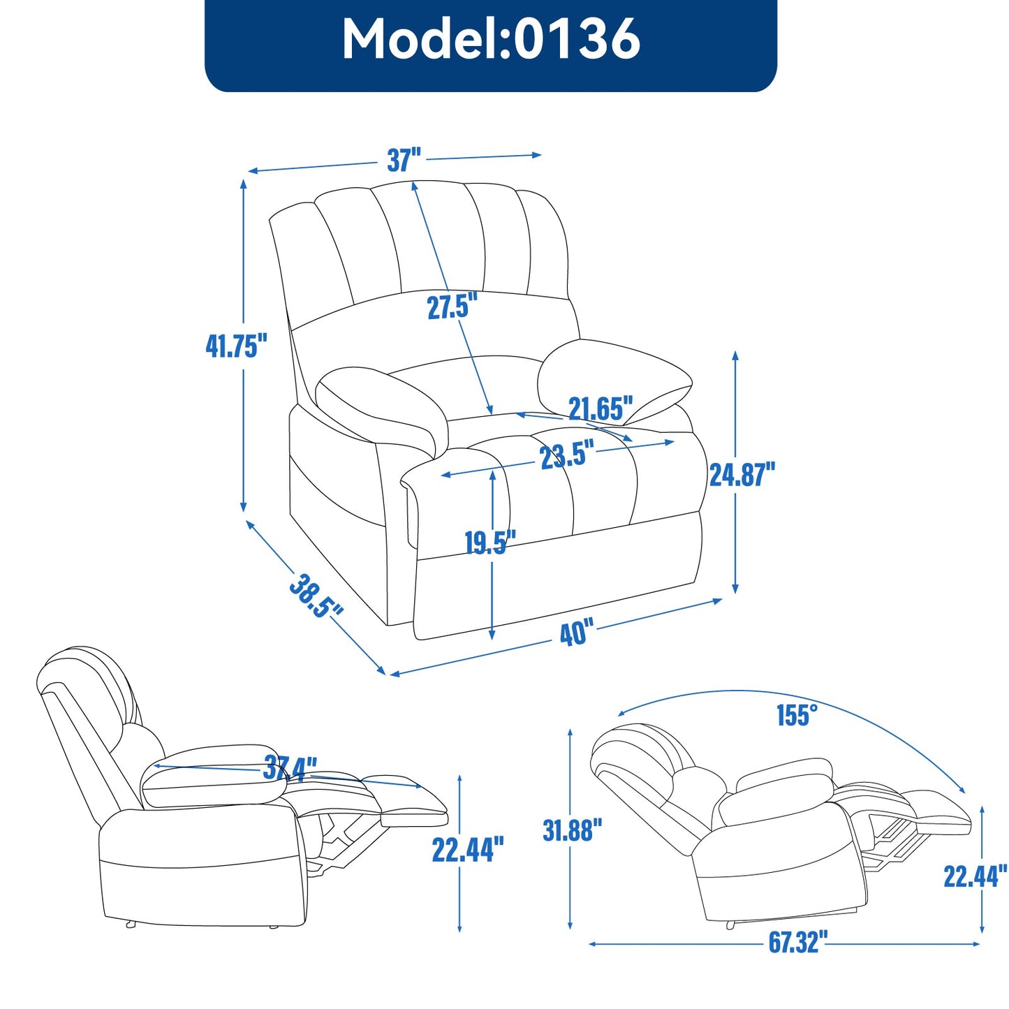 Large Manual Recliner Chair in Fabric for Living Room, Grey - Korvel