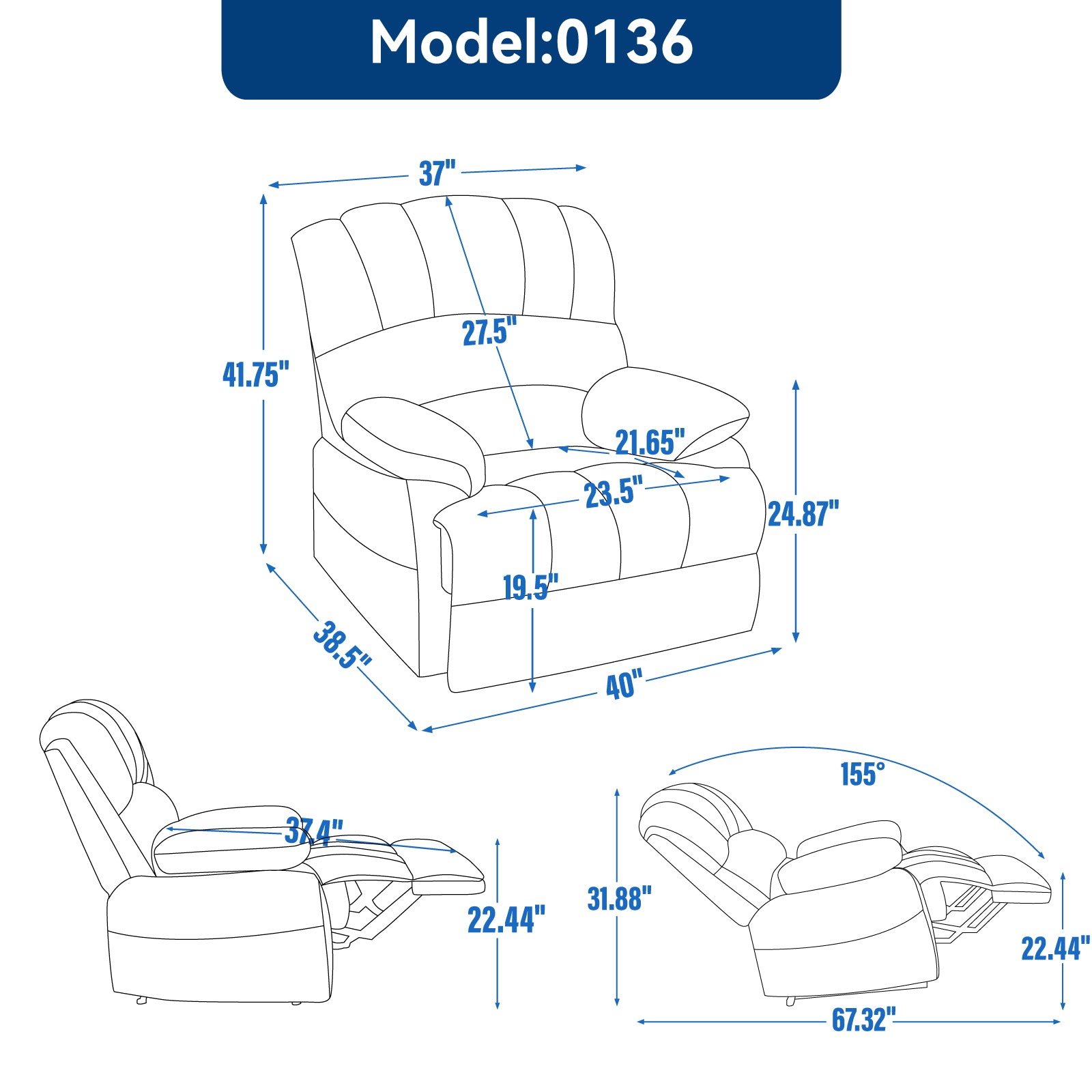 Large Manual Recliner Chair in Fabric for Living Room, Grey - Korvel