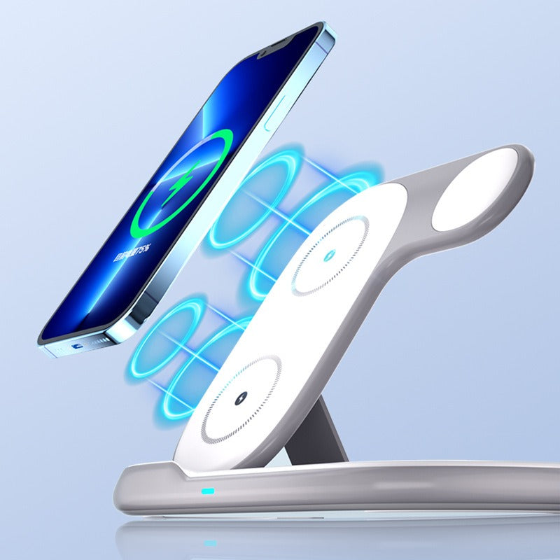 Folding 3-in-1 wireless charger suitable for iPhone earphones, watches, wireless fast charging phone holder - Korvel