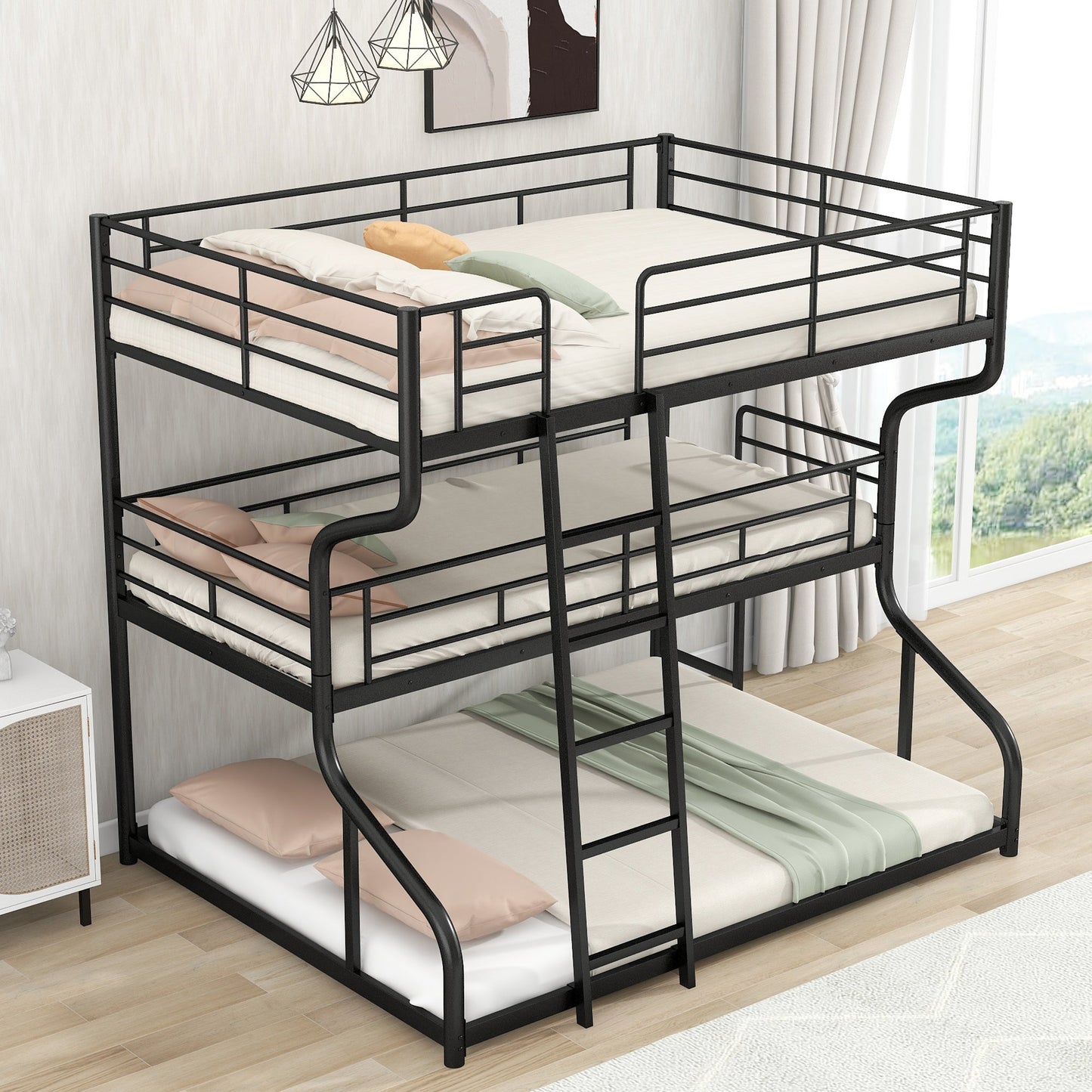 Full XL over Twin XL over Queen Size Triple Bunk Bed with Long and Short Ladder,Black - Korvel