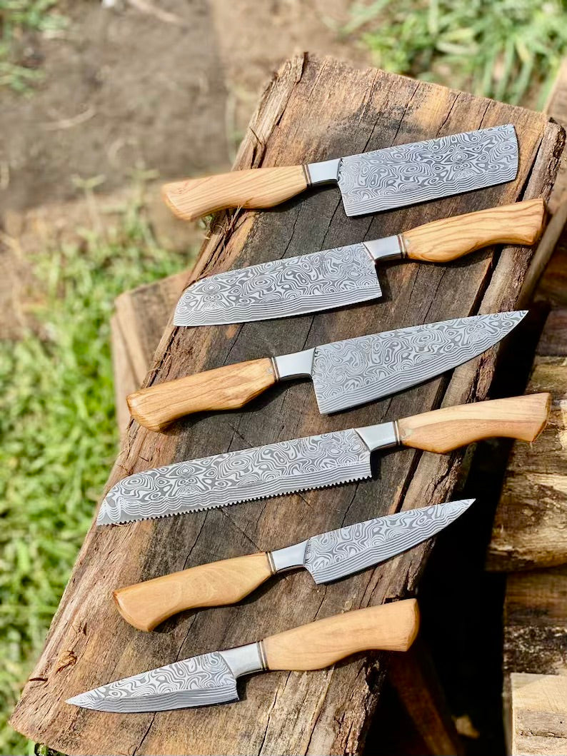 Premium Damascus Steel Kitchen Knife Set – 13" Blade with Olivewood Handle & Leather Sheath - Korvel