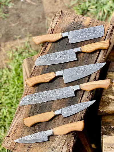 Premium Damascus Steel Kitchen Knife Set – 13" Blade with Olivewood Handle & Leather Sheath - Korvel