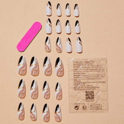 Almond-shaped French edge manicure, mandarin duck color gold corrugated fake nails finished product - Korvel